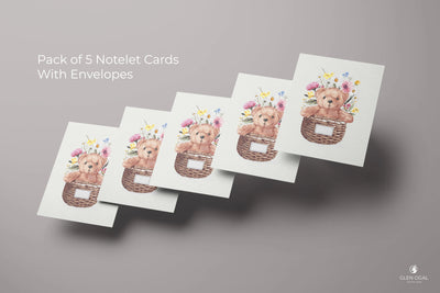 Pack of 5 Bear in Floral Basket Note Cards Glen Ogal