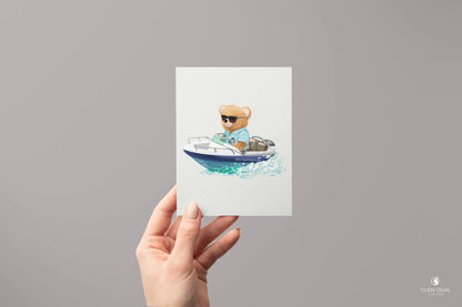 Pack of 5 Bear in Speed Boat Note Cards - Glen Ogal
