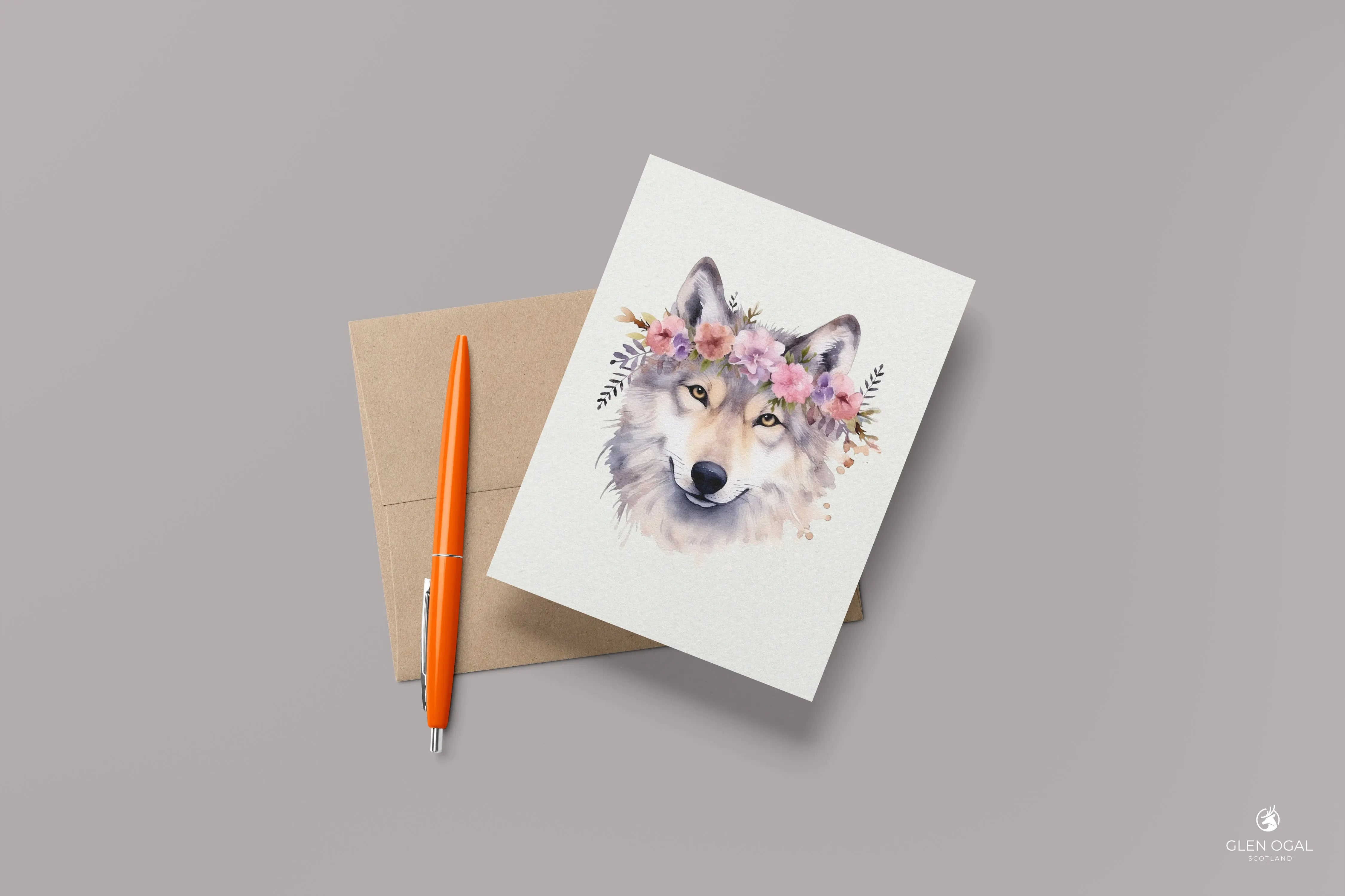 Pack of 5 Floral Wolf Note Cards Glen Ogal