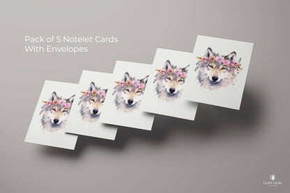 Pack of 5 Floral Wolf Note Cards - Glen Ogal