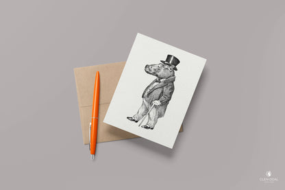 Pack of 5 Retro Gentleman Hippo Note Cards - Glen Ogal