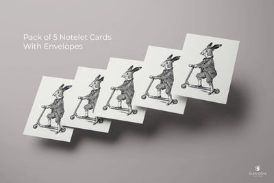 Pack of 5 Retro Hare on Scooter Note Cards - Glen Ogal