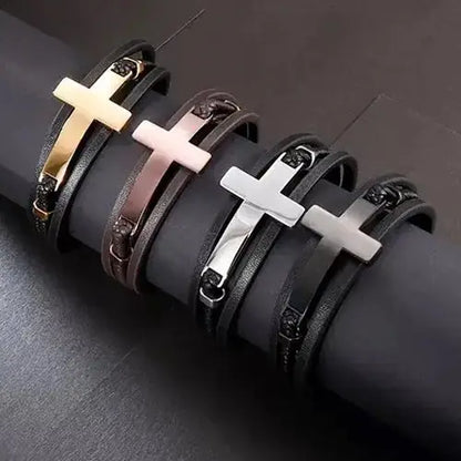 Brown/Rose Gold Multi-Layer Cross Leather Bracelet For Men - Glen Ogal