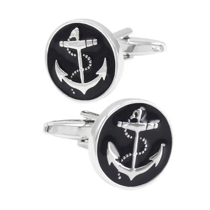 Round Black Anchor Enamel Cufflinks - Glen Ogal