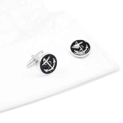 Round Black Anchor Enamel Cufflinks - Glen Ogal