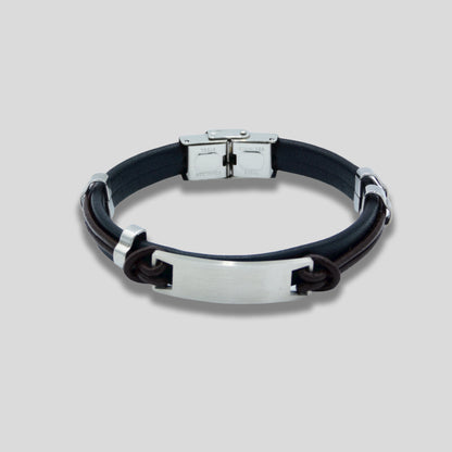 Black Leather Bracelet with A Plain Silver Plate