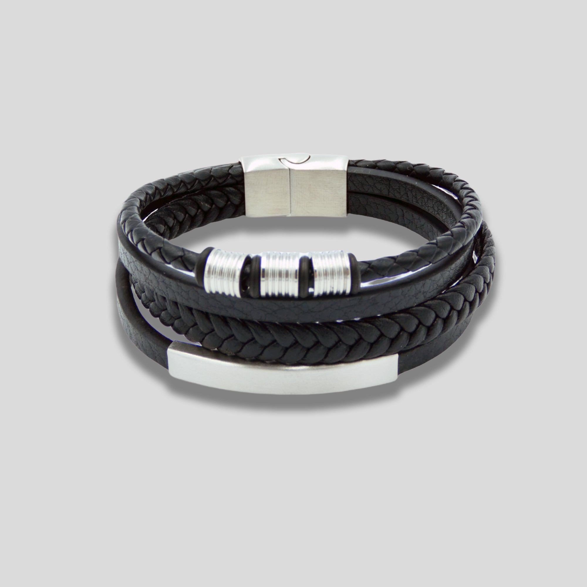 Black Multi Layer Leather Bracelet with Silver Charms