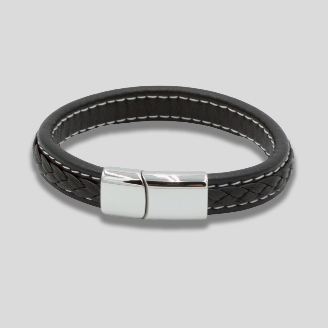 Black Leather Bracelet with Silver Clasp