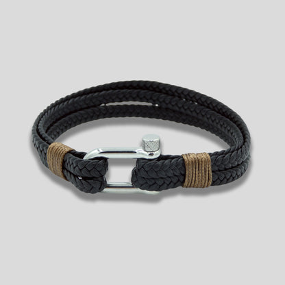Bracelet Double Tressé Noir avec Manille Argent