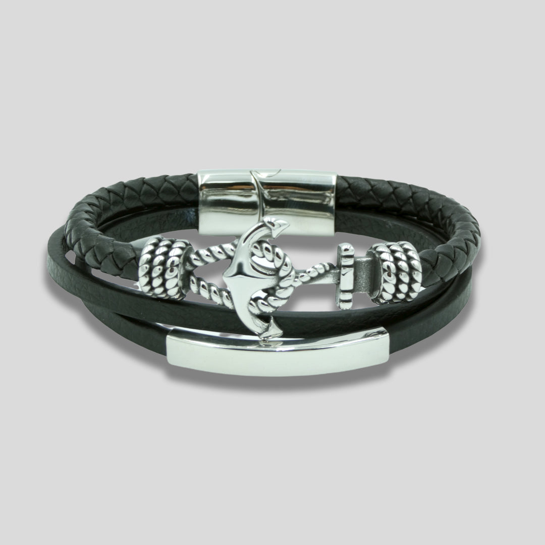 Black Multi Layer Leather Bracelet with Silver Anchor Charm