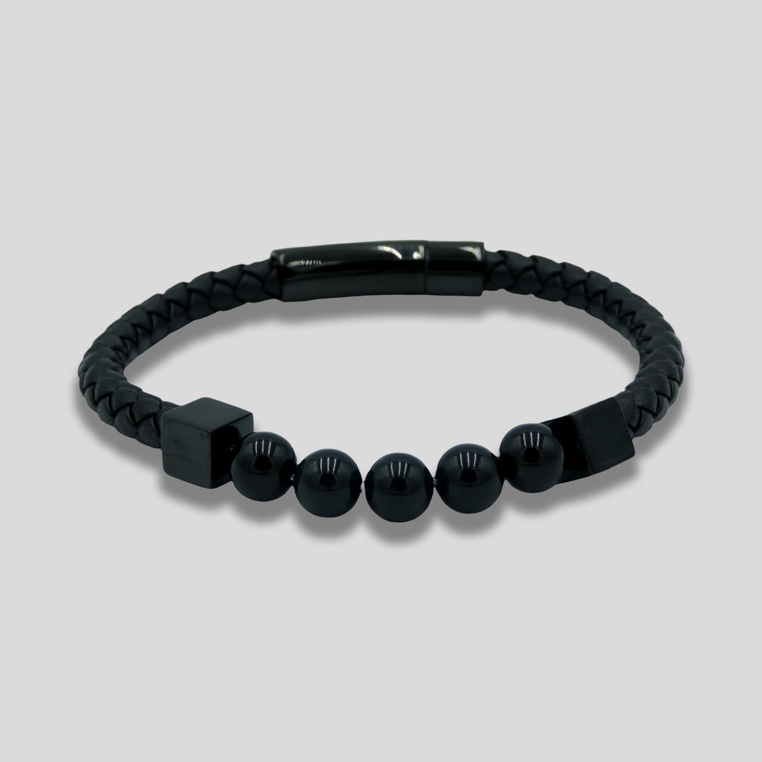 Leather Braided Black Onyx Mens Bracelet