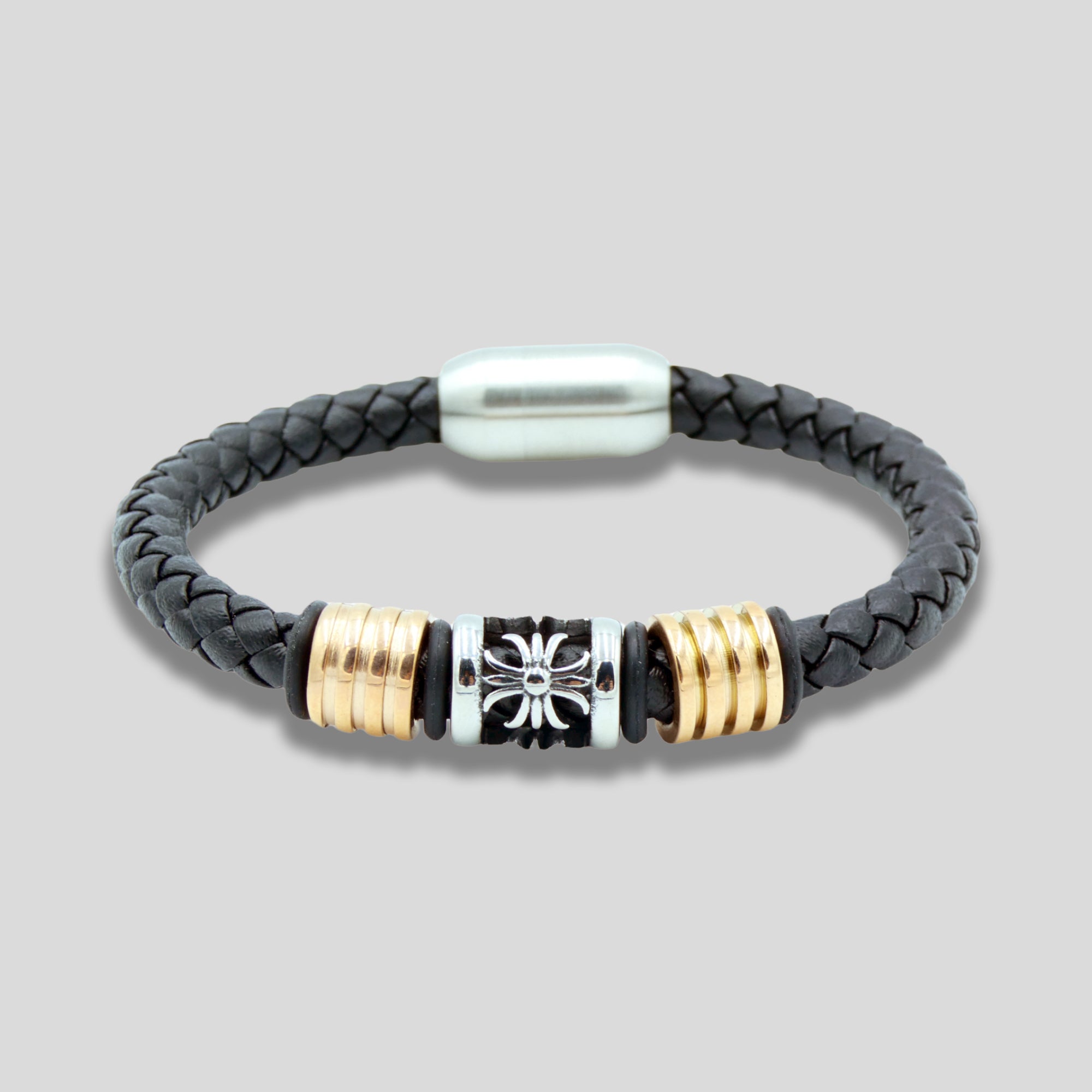 Black Leather Bracelet with Silver & Rose Gold Charms