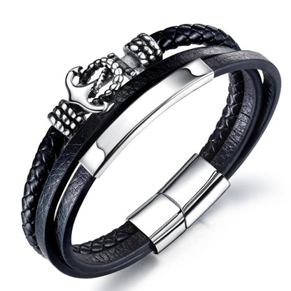 Black Multi Layer Leather Bracelet with Silver Anchor Charm