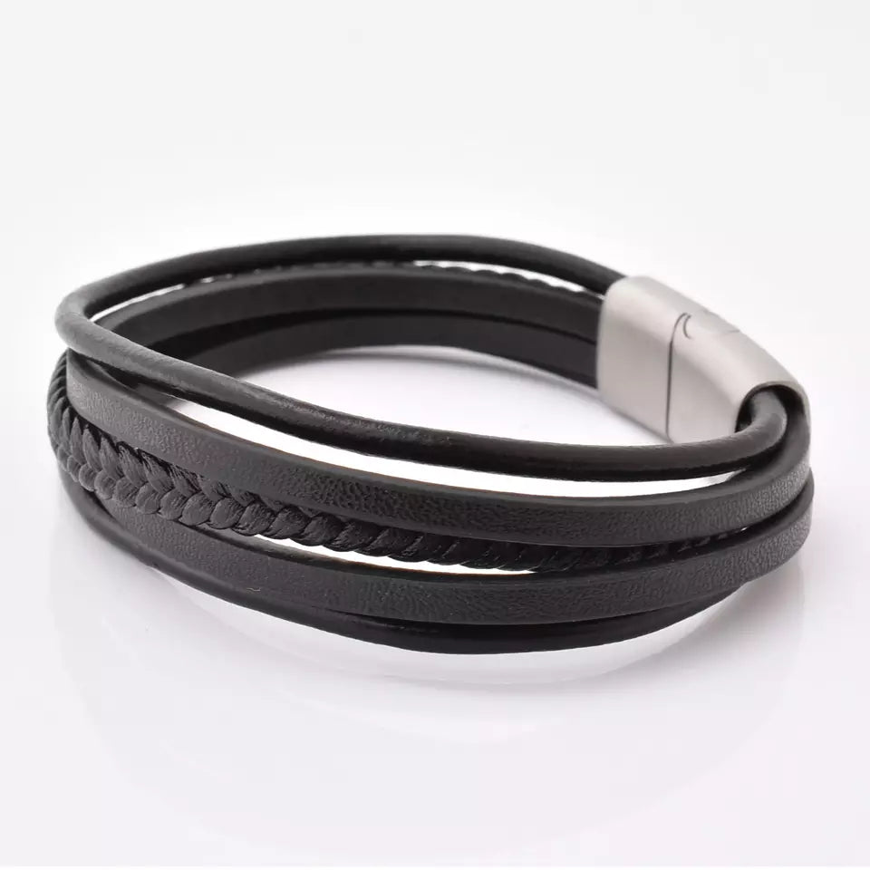 Black Multi Layer Leather Bracelet Silver Clasp