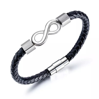 Black Braided Leather Stainless Steel Infinity Bracelet