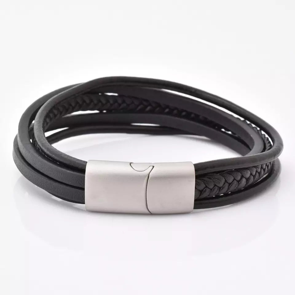 Black Multi Layer Leather Bracelet Silver Clasp