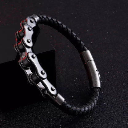Bracelet en cuir noir en acier inoxydable pour vélo