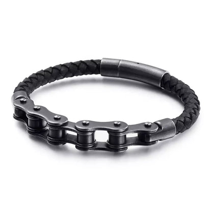 Black Bicycle Stainless Steel Leather Bracelet