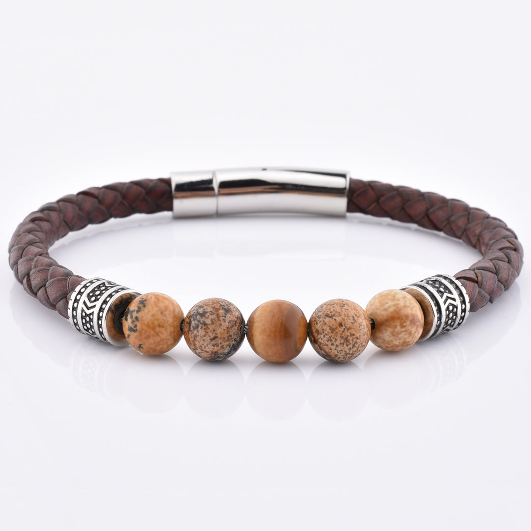 Natural Wood Stone Beaded Leather Bracelet