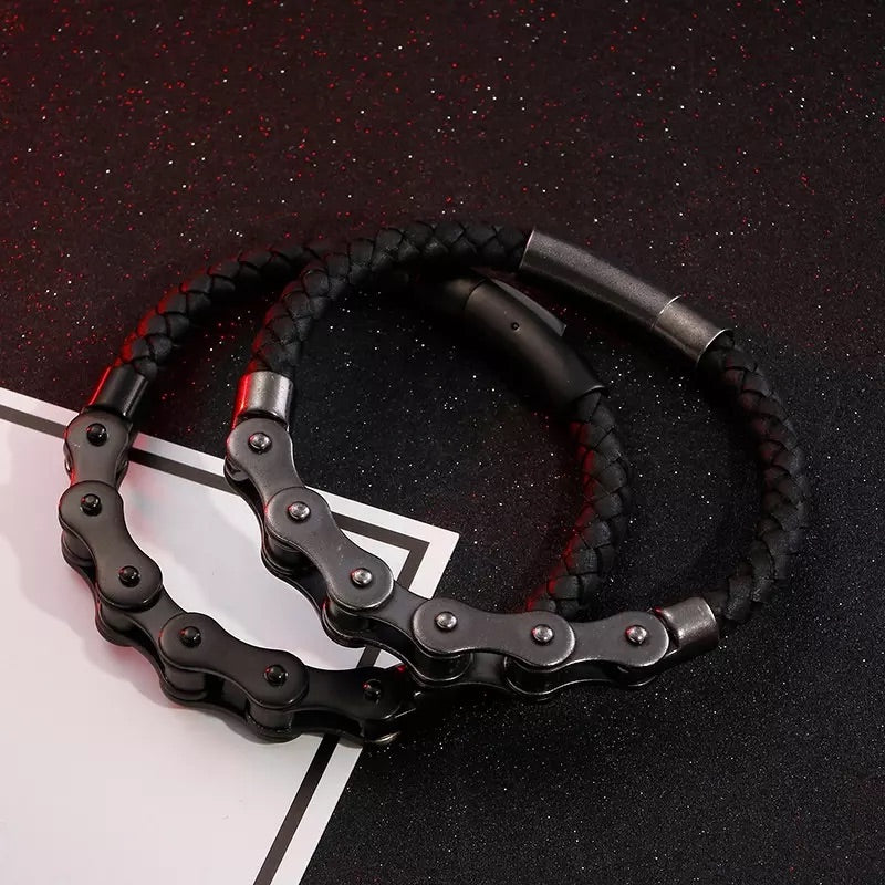 Black Bicycle Stainless Steel Leather Bracelet