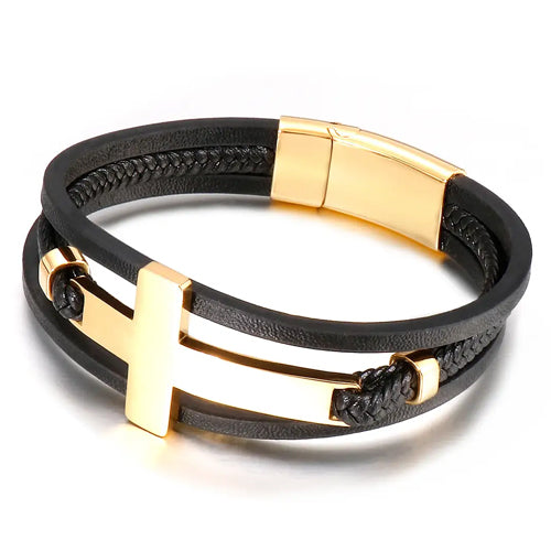 Gold Multi-Layer Steel Cross Leather Bracelet For Men