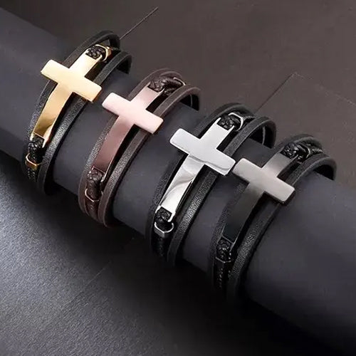 Bracelet en cuir et croix en acier multicouche doré pour hommes