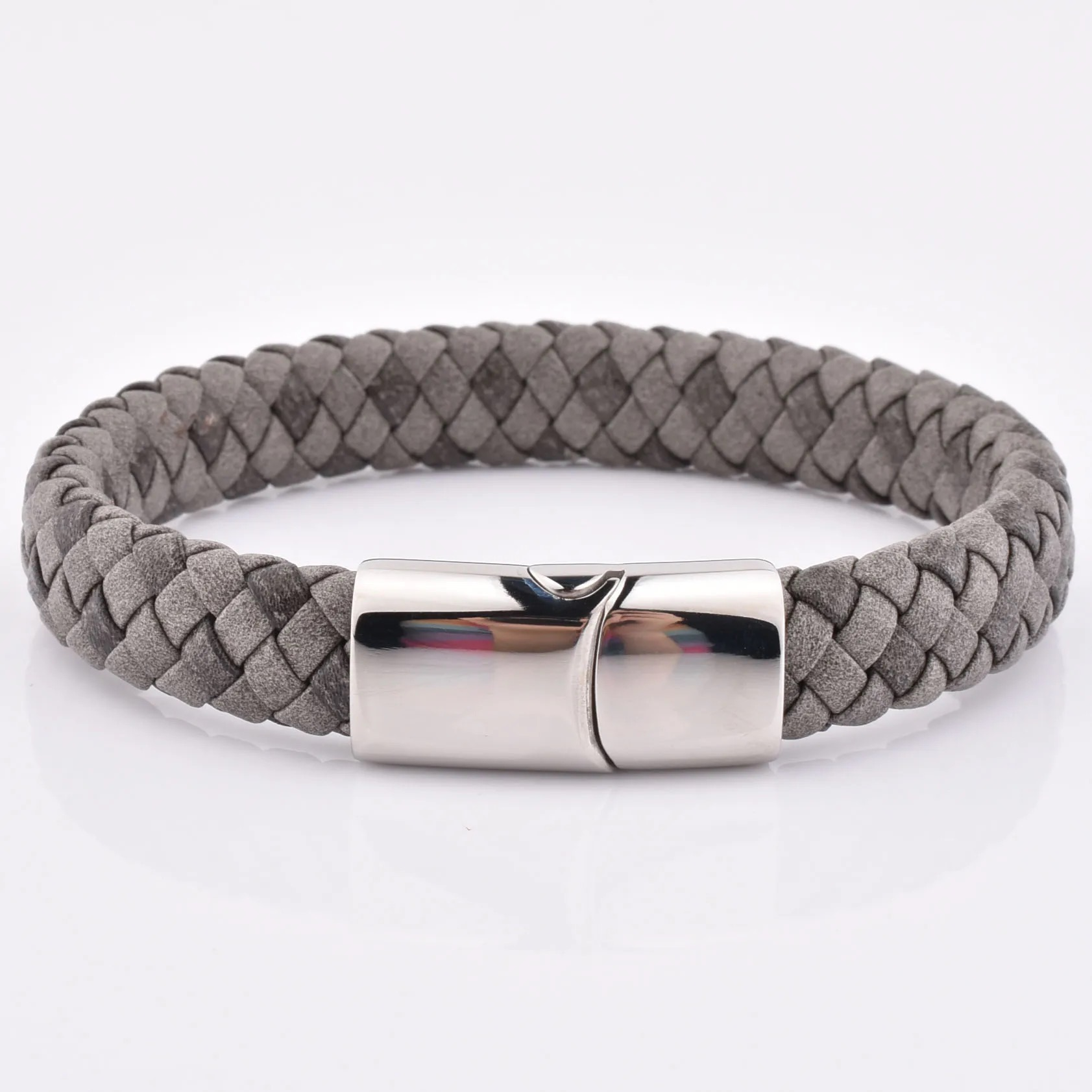 Grey Braided Leather Bracelet