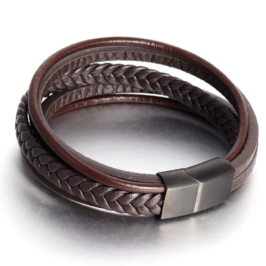 Bracelet tressé en marron avec fermoir en acier noir brossé