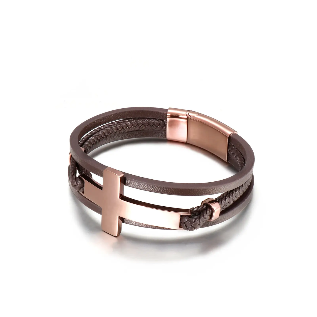 Brown/Rose Gold Multi-Layer Cross Leather Bracelet For Men