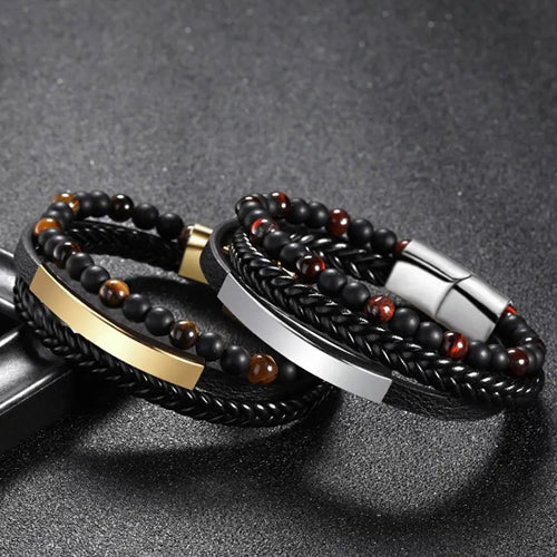 Bracelet Multi Agate Noire et Oeil de Tigre - Argent